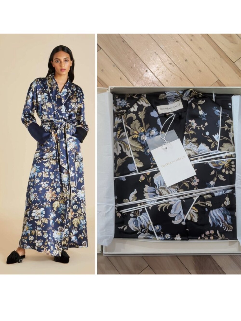 Olivia von Halle | Capability Odile Silk Satin Robe In Navy Floral